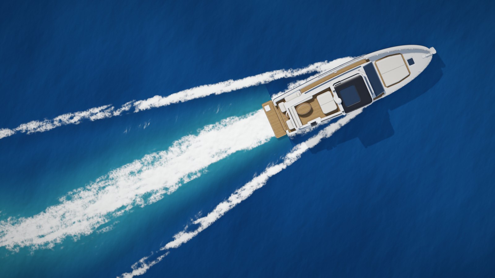 18-metre motor yacht under way in the Mediterranean, seen from the air